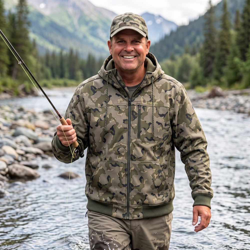 Simms Guide Series Mens Large Veil Camo Fleece Lined Full Zip Hoodie Jacket